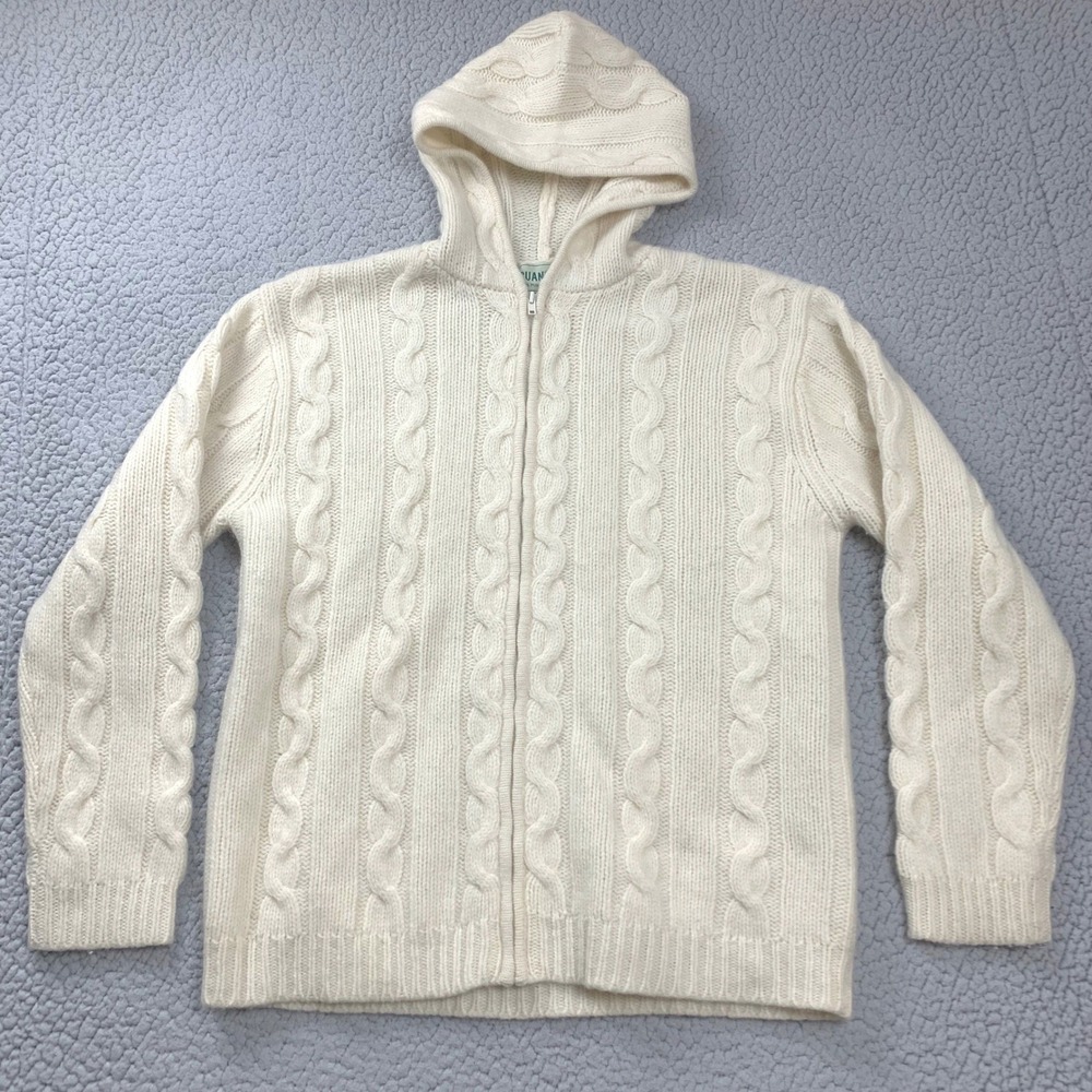 Suantrai Zip Hoodie Womens Large Cream Cable Knit 100% Pure New‎ Wool Sweater